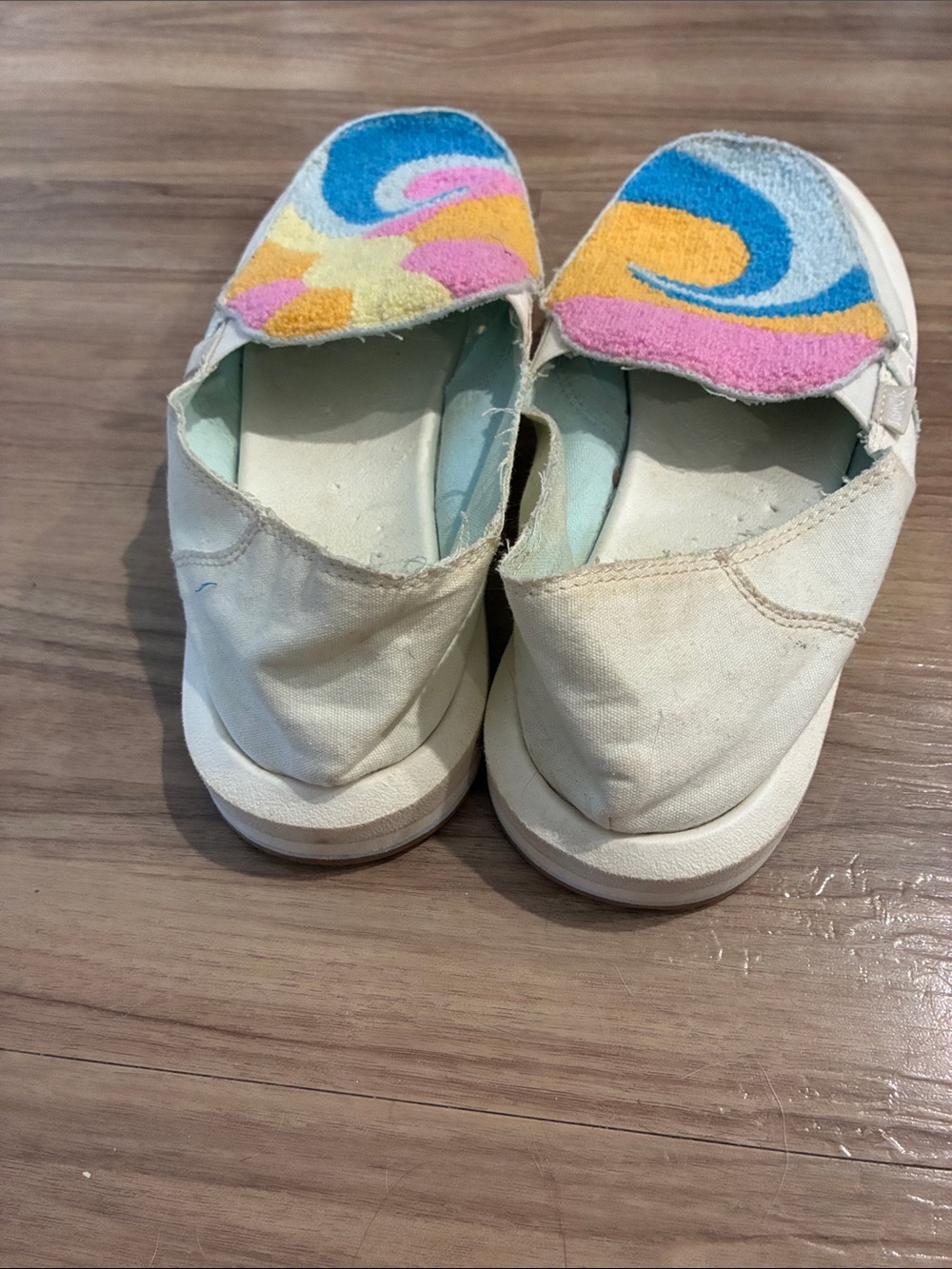 Sanuk White Canvas Slip-Ons with Pink, Blue, Yellow & Orange Tufted Accents - Picture 4 of 4